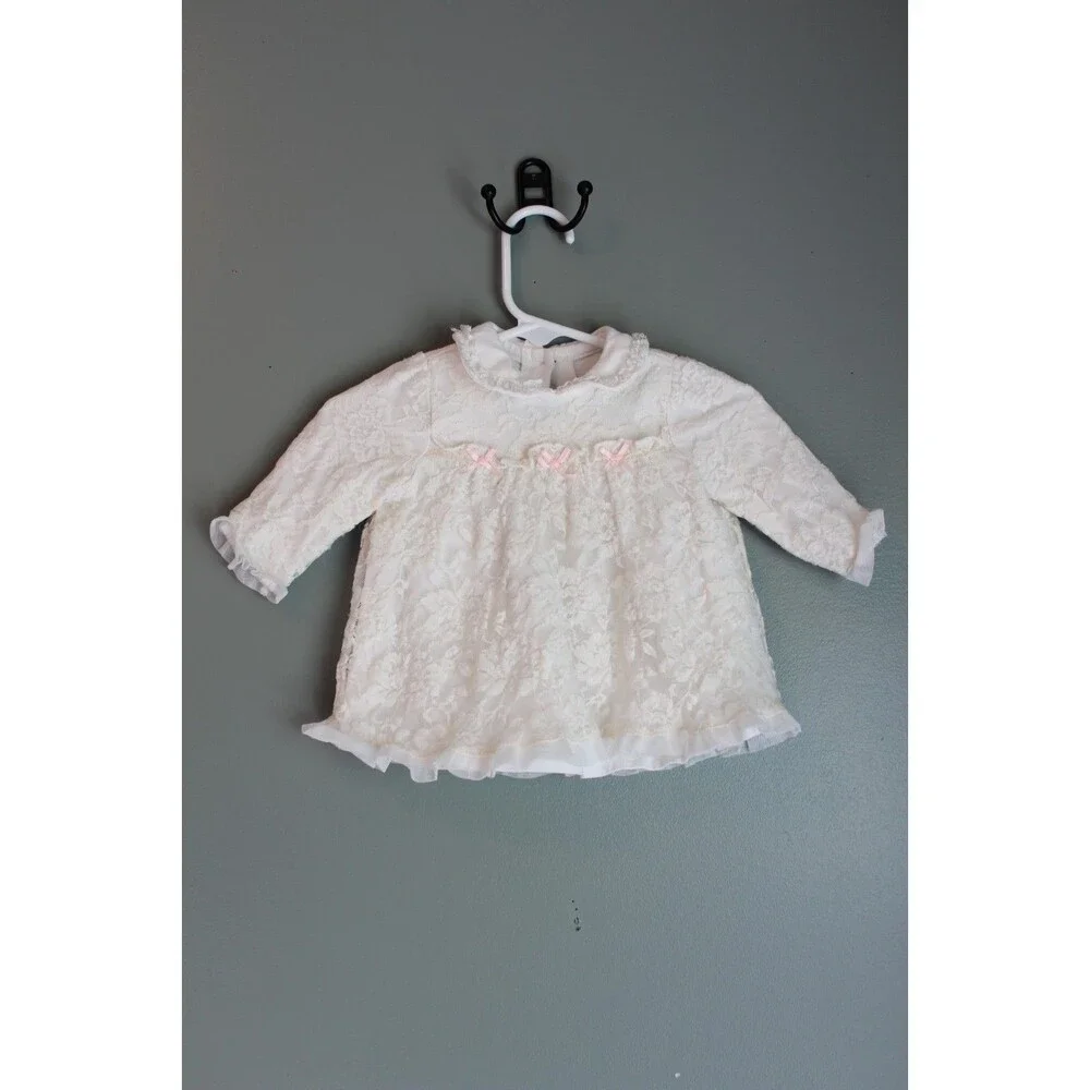 Little Me Ivory Lace Baby Girls Dress Pink Ribbon Size 3M